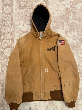 Carhartt Tan Hooded Work Jacket with AFSCME & USA Patch